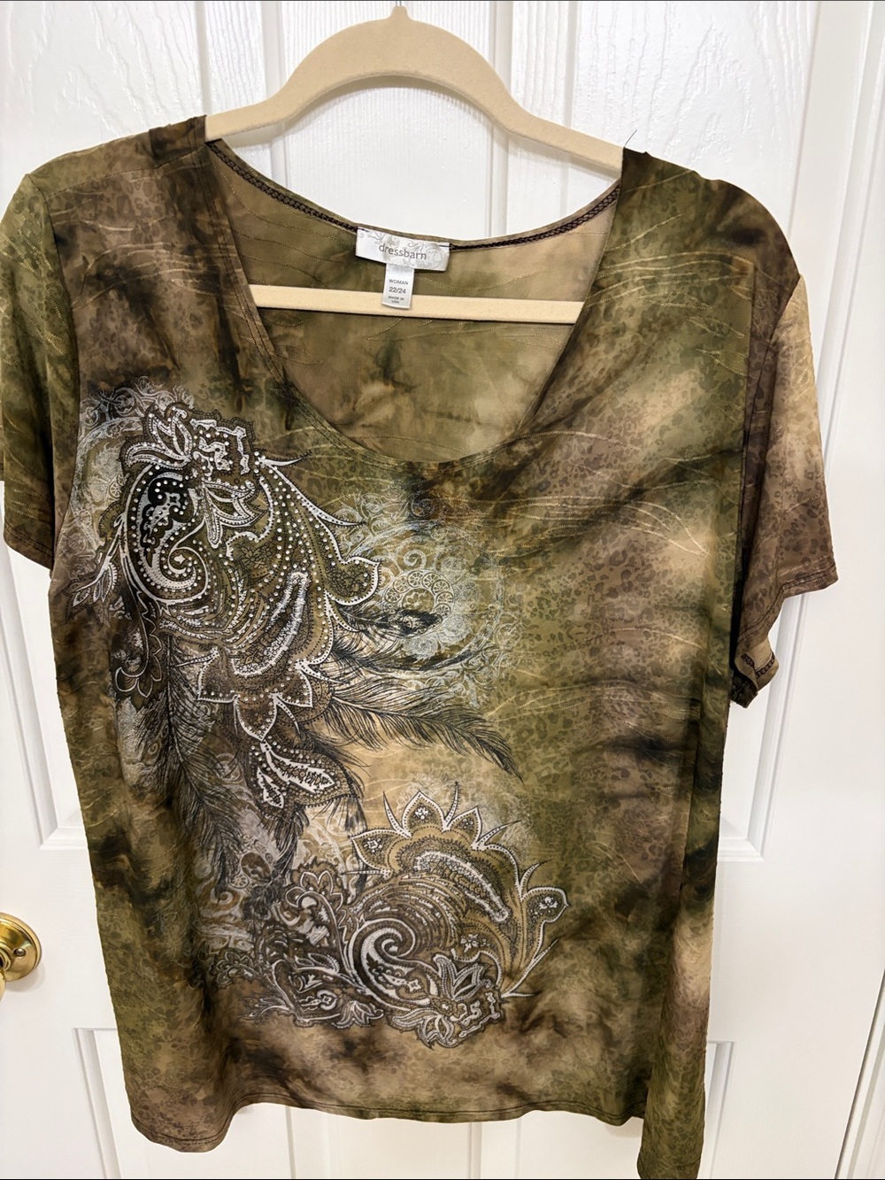 dressbarn Olive and Brown Paisley Scoop-Neck Short Sleeve Tee